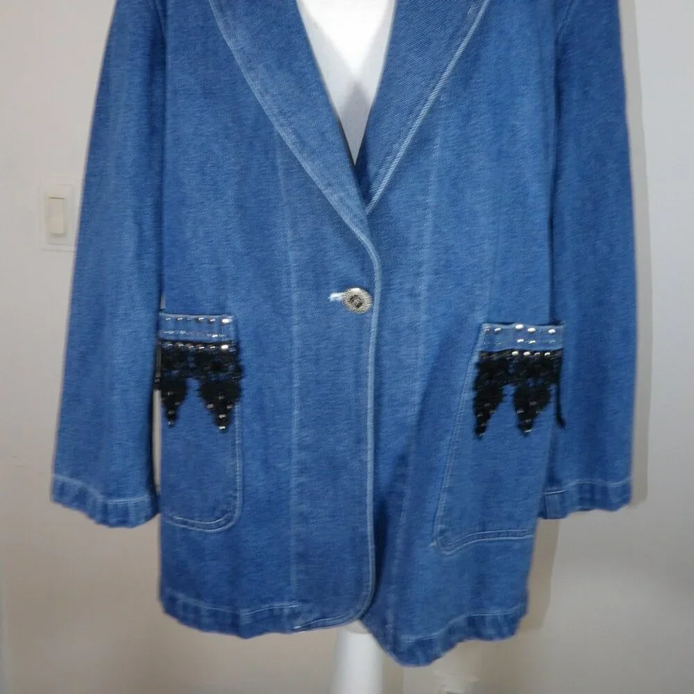 Pretty Things Denim Jacket with Black Fringe Women's Size Medium - Picture 2 of 5